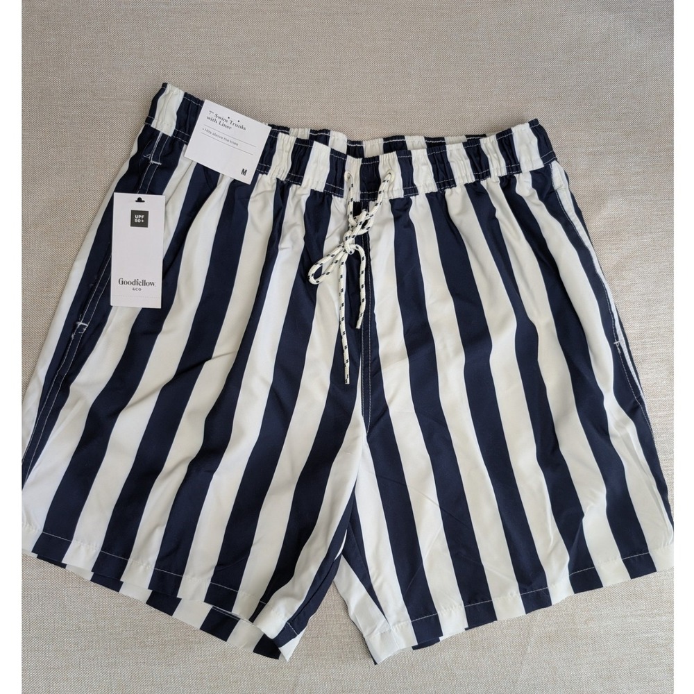 Goodfellow & Co Swim Trunks Mens Medium Navy White NWT 7" Striped UPF 50+
